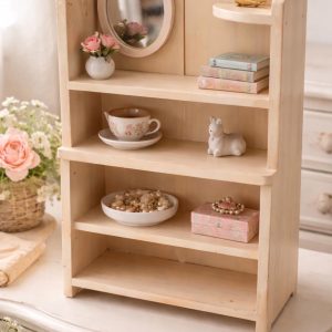 Cottagecore Wooden Wall Shelf with Mirror 17” Tall – Shabby Chic Trinket Display, Doll Shelf, Whimsical Floral Decor